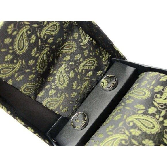 Batik Collection Malaysia Tie, Hanky & Cufflinks Black Green Silver Tone Tux IOB - Picture 3 of 8